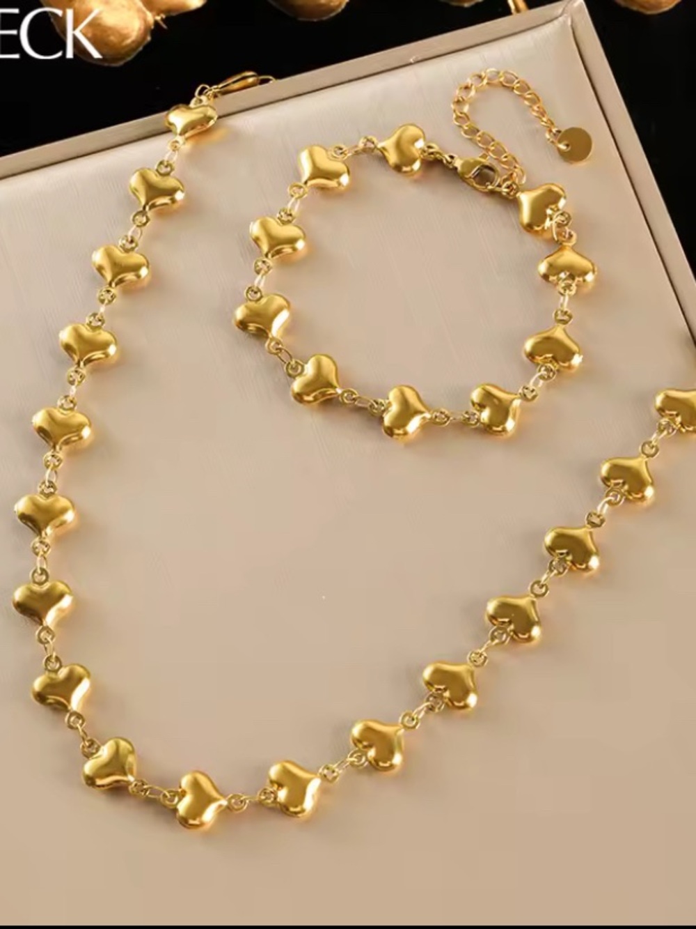 Gold Heart Link Necklace and Bracelet Set - Women's Jewelry